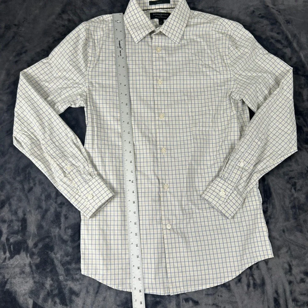 Banana Republic Button Down Mens S White Blue Plaid Slim Fit Wrinkle Resistant